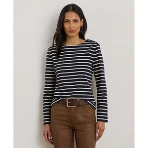 Lauren Ralph Lauren Women's Striped Jersey Snap-Trim Boatneck Top Navy Cream XS